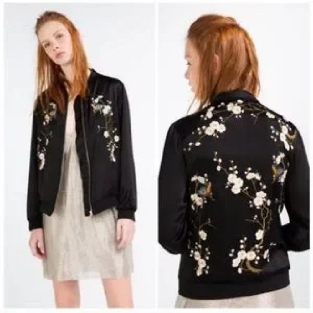 Zara | Black Satin Asian Floral Chinoiserie Bird Embroidered Bomber Jacket